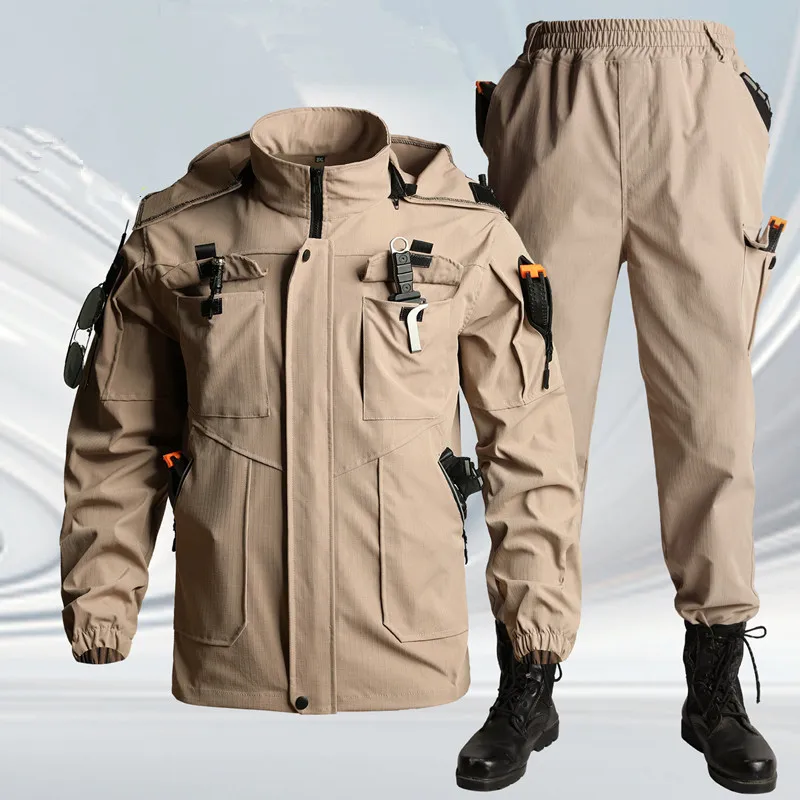 Spring and Autumn Men's Outdoor Casual Tactical Grid Wear-Resistant and Dirt-Resistant Workwear Labor Protection Suit Set
