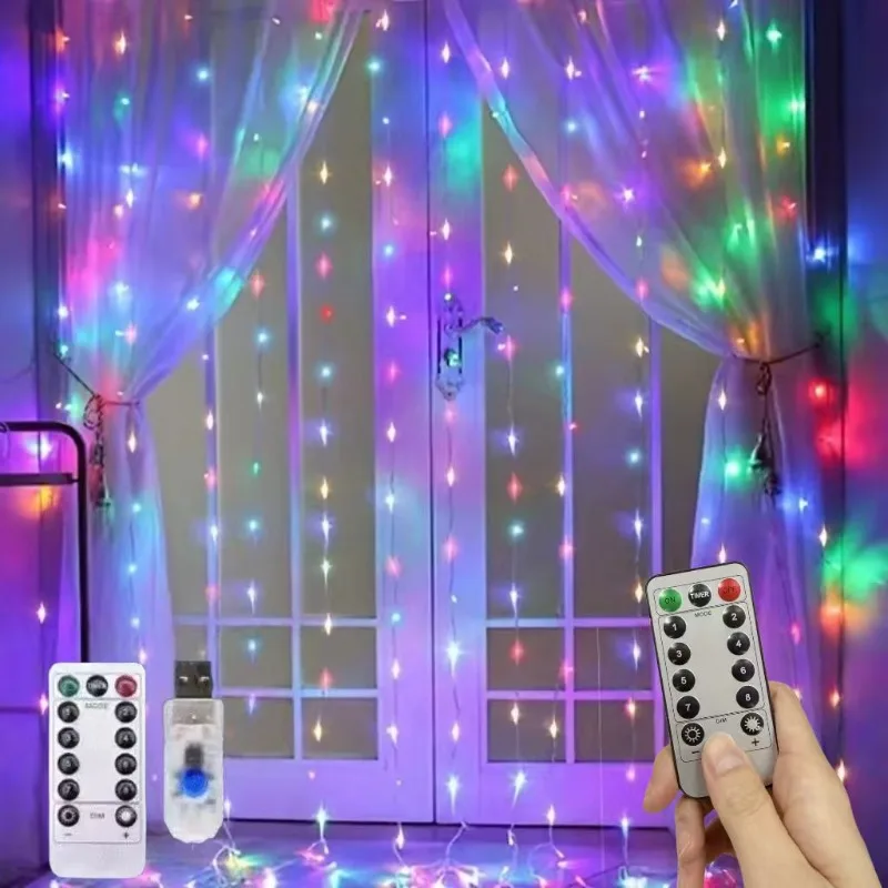 

3x1M/3x2M/3x3M USB дистанционные светодиодные занавески, 8 режимов для рождественской свадьбы, спальни, сказочный декор