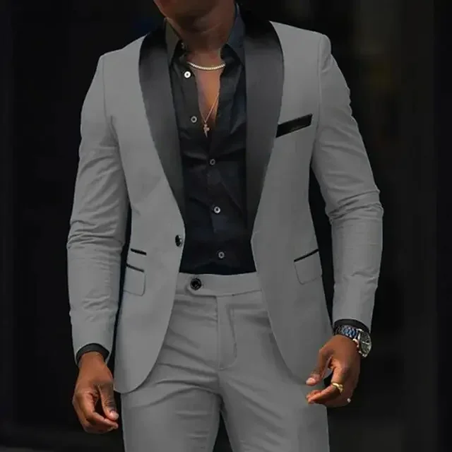 2Piece Solid Casual black Men Wedding Suits Slim Fit Shawl Lapel grey Blazer Pant Designs Party Prom Best Man Business Wear Suit