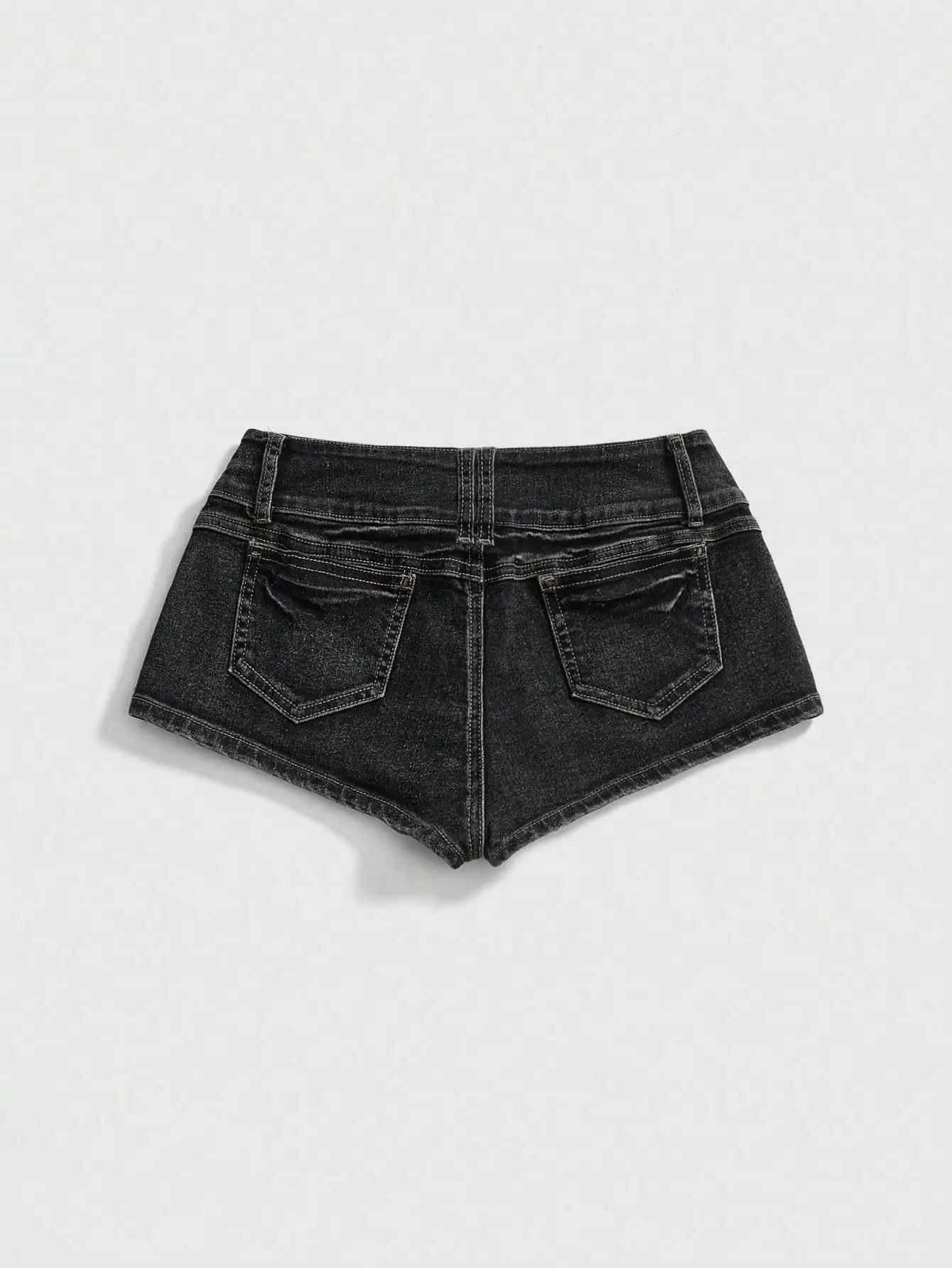 

Black Super Low Waist Vintage Distressed Skull Rivet Denim Shorts For Women