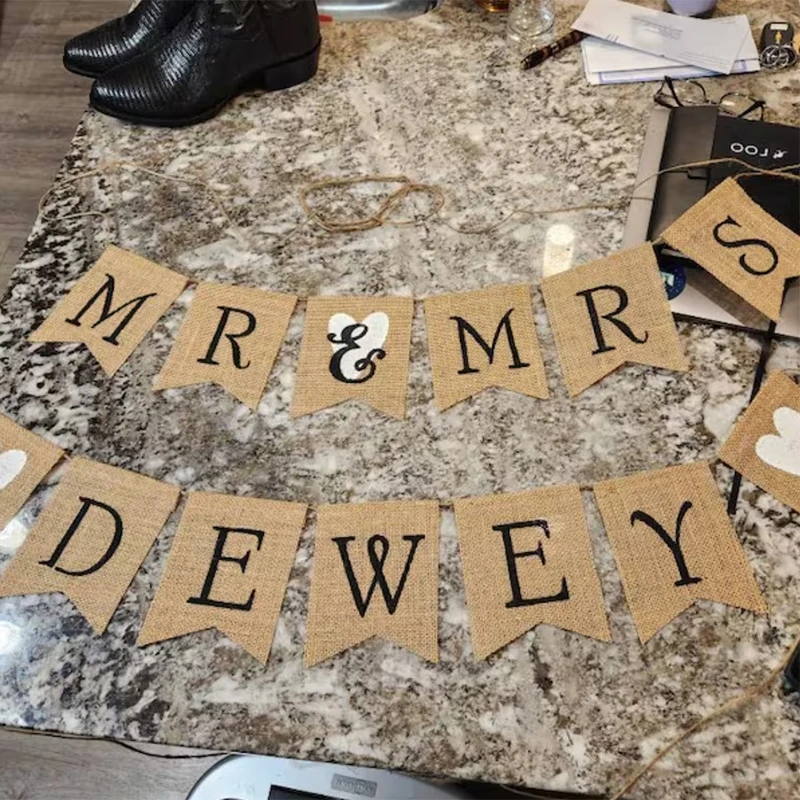 Personalized MR and MRS bride groom Burlap Banner rustic Wedding Bridal Shower Just married Decoration newlyweds Gift Photo Prop