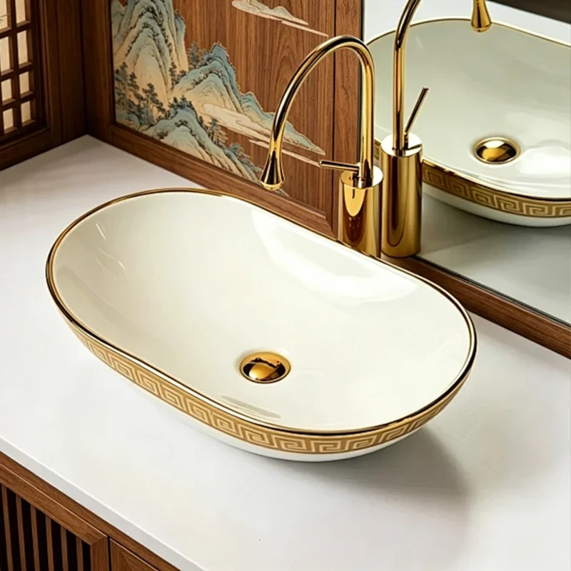 60Cm*36Cm Oval-Shaped Stone-Patterned Ceramic Washbasin, an Ideal Choice for Modern Bathroom Fixtures, Suitable for Changing Rooms, Vanity Tables, Bathrooms, Toilets, and Rvs