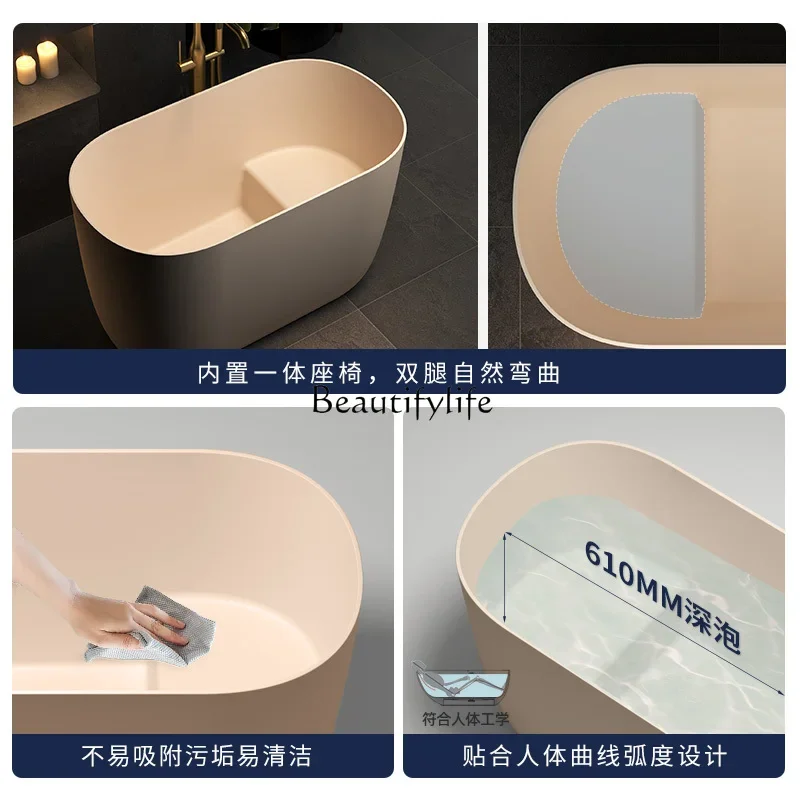

ld25 Small Household Sitting Bathtub Artificial Stone Integrated Deep Soaking Tub Japanese Style