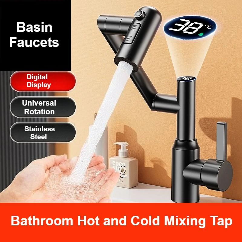 

Mechanical Arm Hot and Cold Mixer Tap Stainless Steel Bathroom Faucets Household Universal Bathroom Digital Display Faucet