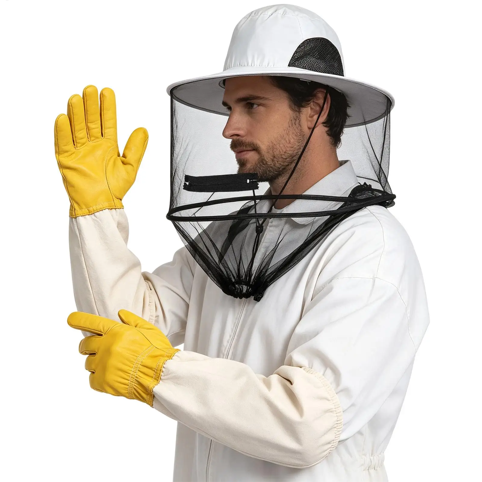 Insect Resistant Beekeeping Protective Gear Set Thickened Goatskin Gloves Retractable Sun Hat With Hiddens Mesh Veil