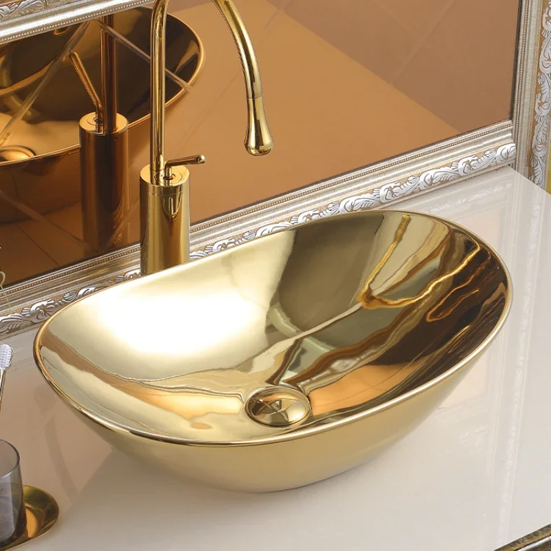 

Gold ingot platform basin ceramic round art basin bathroom household basin washbasin sink