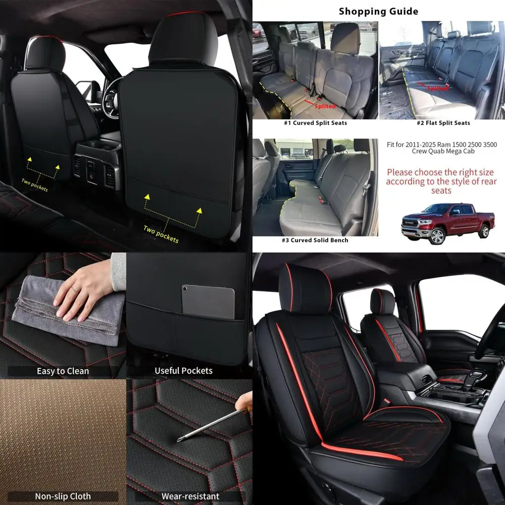 

Ram Seat Covers, Faux Leather, fit for 2011-2023 2024 2025 Ram 1500 2500 3500 1500 Classic Crew Quad Mega Cab with Curved Rear S