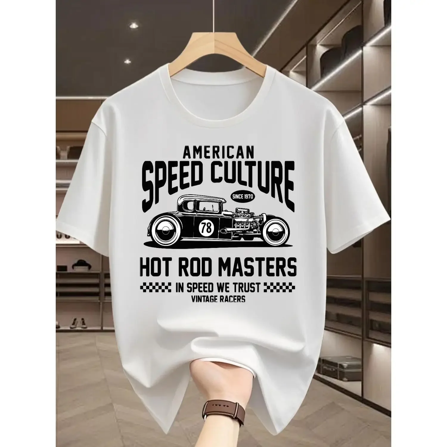 Men's Vintage 70s Hot Rod Car T-Shirt - Retro 70s Hot Rod & Line Art Design, Short Sleeve Round Neck Casual Summer Tee for Car, Cruising & Casual Attire - Nostalgic Automotive Apparel