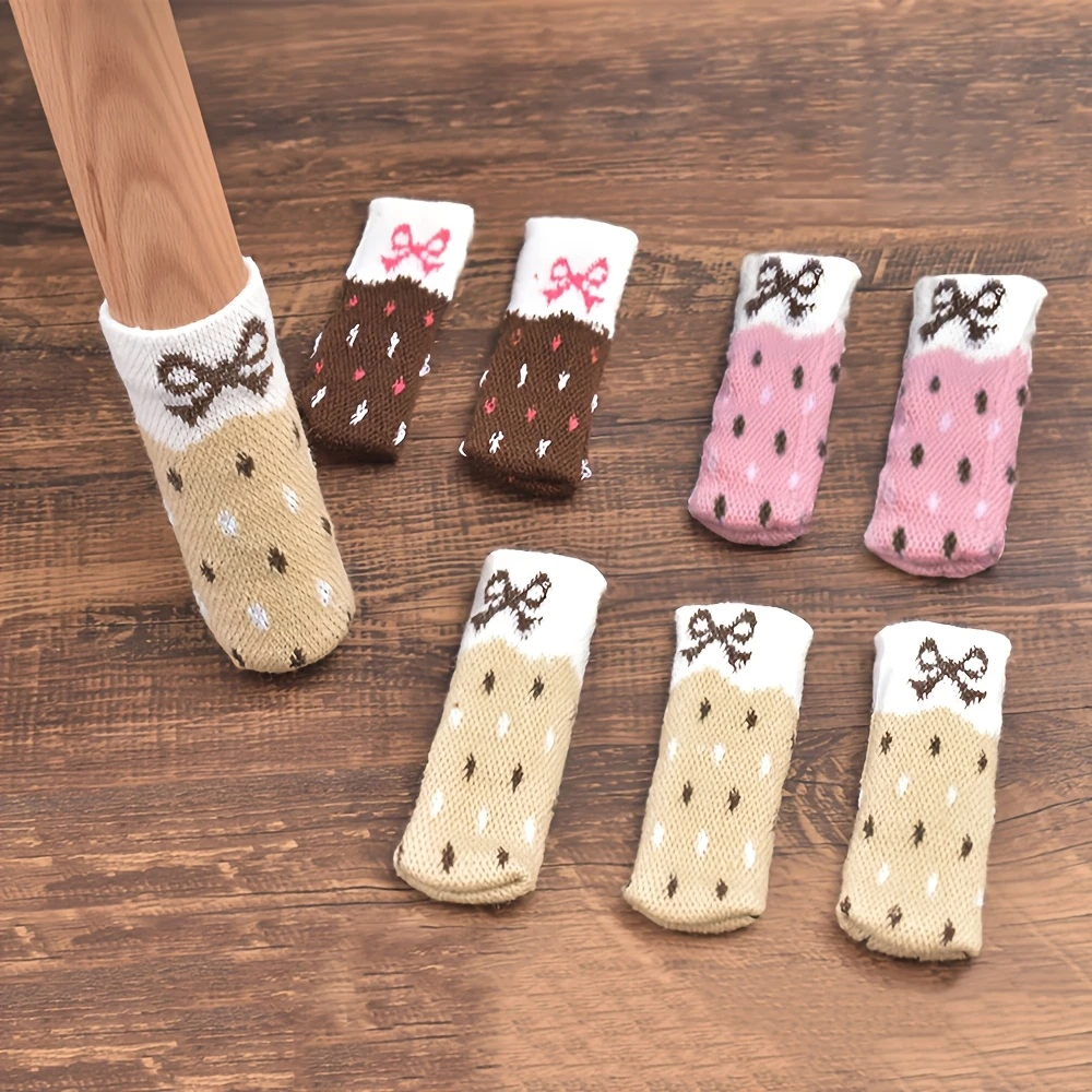 4PCS Bow Knitted Floor Furniture Protective Covers, Stool Leg Pads for Dining Chairs, Anti-Slip Table And Chair Silent Pads