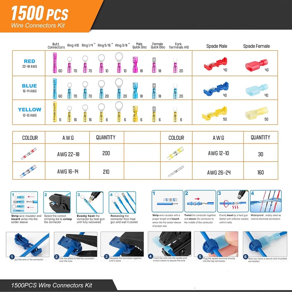 1500PCS waterproof extreme heat shrink connector kit, insulation crimping ring fork terminal T-shaped faucet welding joint