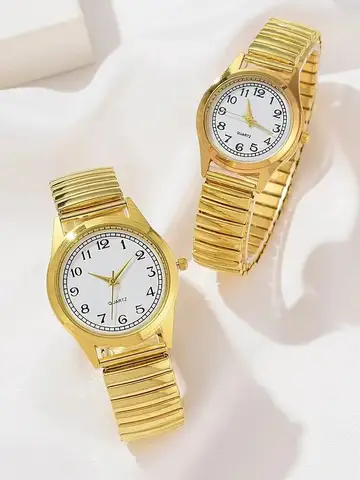 2 PCS Of Gold Retro Round Pointer Quartz Watch Classic Simulation Elastic Band Watch Suitable For Both Male And Female Couples