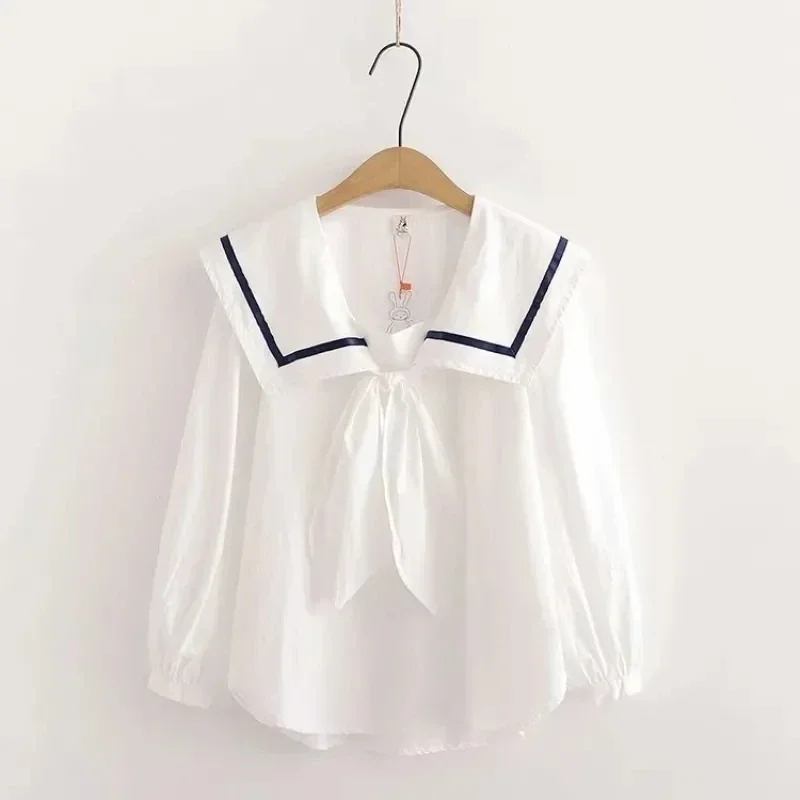 Girls' Shirt Spring and Autumn New Academy Style Navy Neck Bow Loose Top Children's Korean Long sleeved Shirt