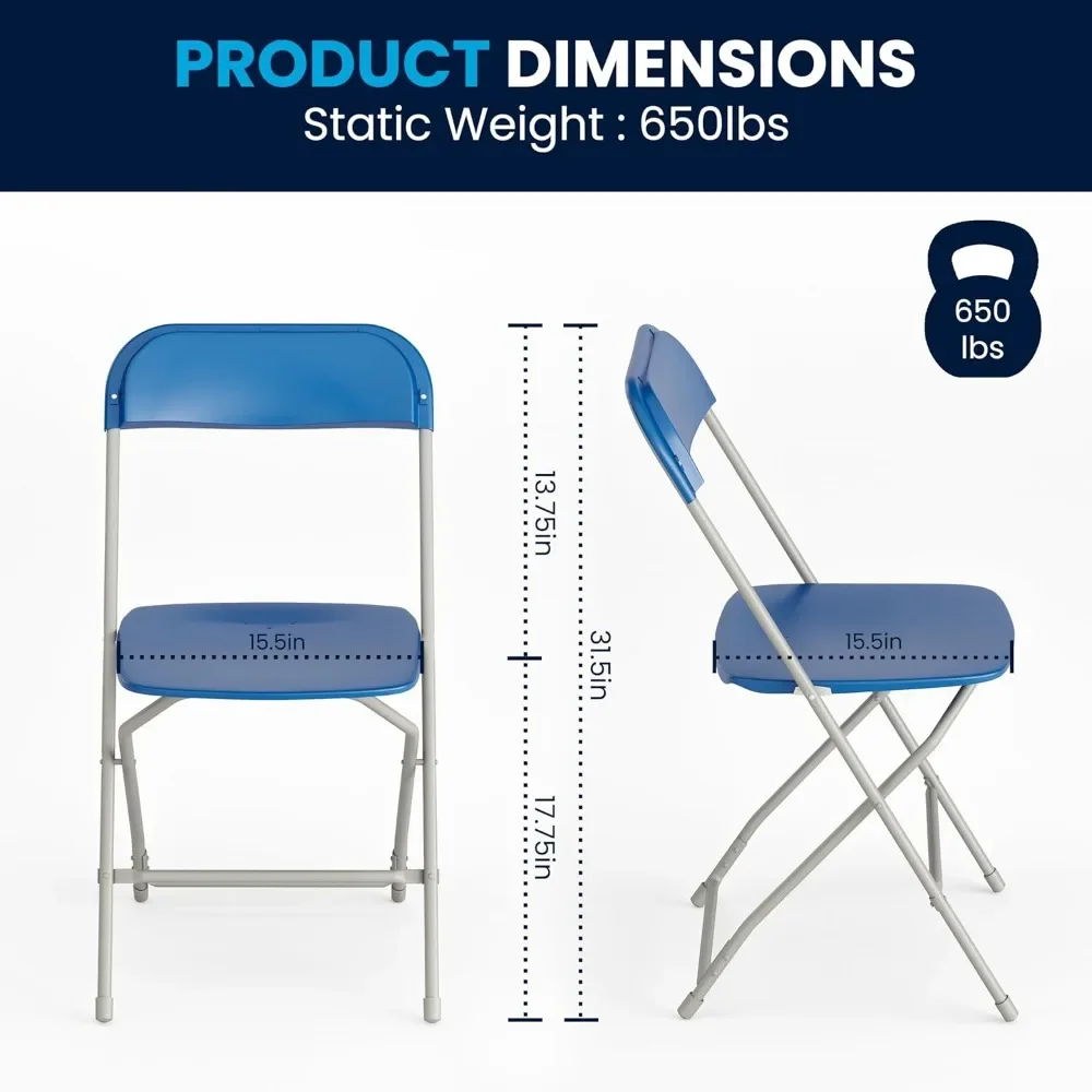 Folding Chair - Blue - 650LB Weight Capacity Comfortable Event Chair-Lightweight Folding Chair Integrated Drain Holes Alleviate