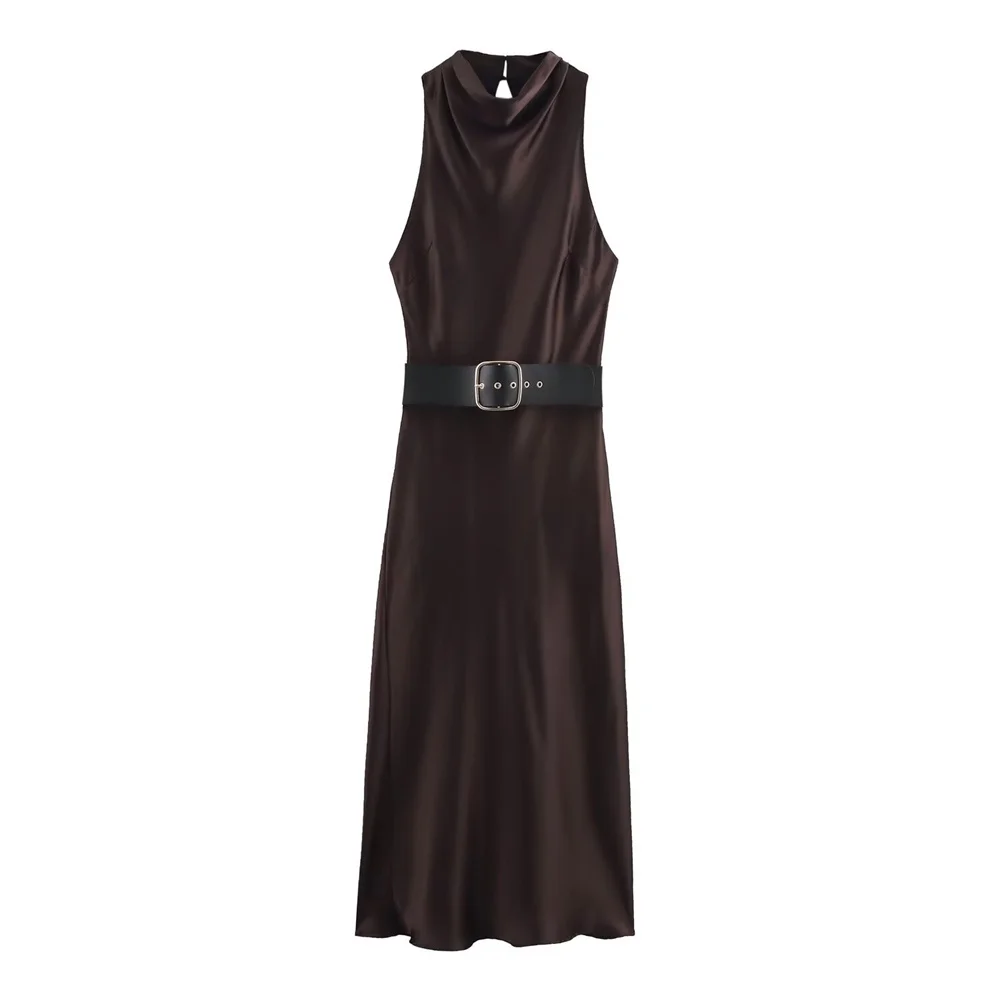 

2025 Women's Sleeveless Dress Spring Fashion Slimming Belt Silk Texture round Neck Style New Clothing