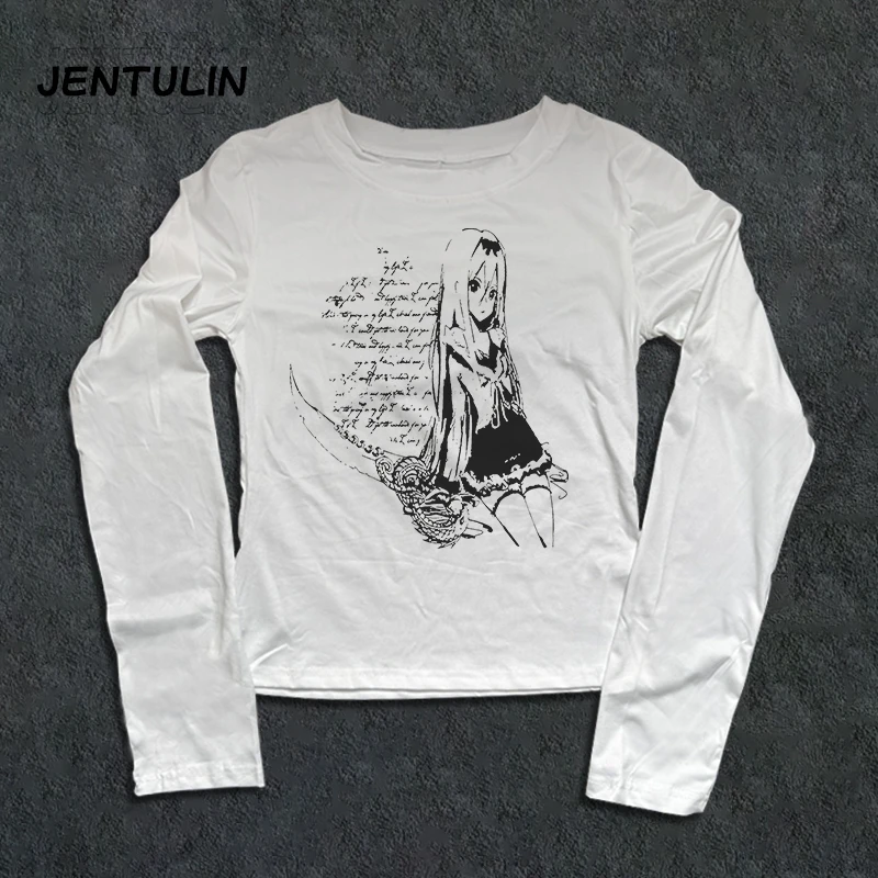 

Vintage Y2k Women's Spring Autumn Long Sleeve T-Shirt Gothic Anime Girl Print Tee Harajuku Aesthetic High Street Slim Punk Top