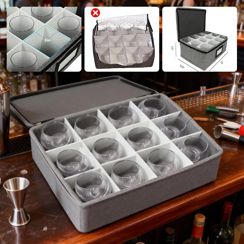 Grey Wine Glass Storage Box with 12 Individual Compartments Whisky Cup Holder Bag for Cupboard Moving and Organization