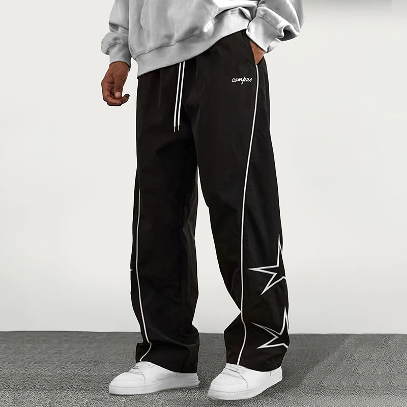 American Casual Baggy Pants Men Cargo Trousers High Street Drawstring Workwear Trendy Loose Versatile Straight Wide-Leg Pants