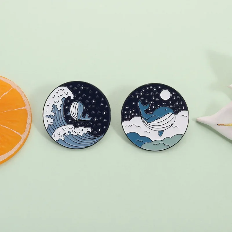 Lapel Pins Japanese style Blue Whale Brooch For Clothes Badge Moon Night Cloud Sea Wave Theme Metal Paint Brooch Accessories Pin