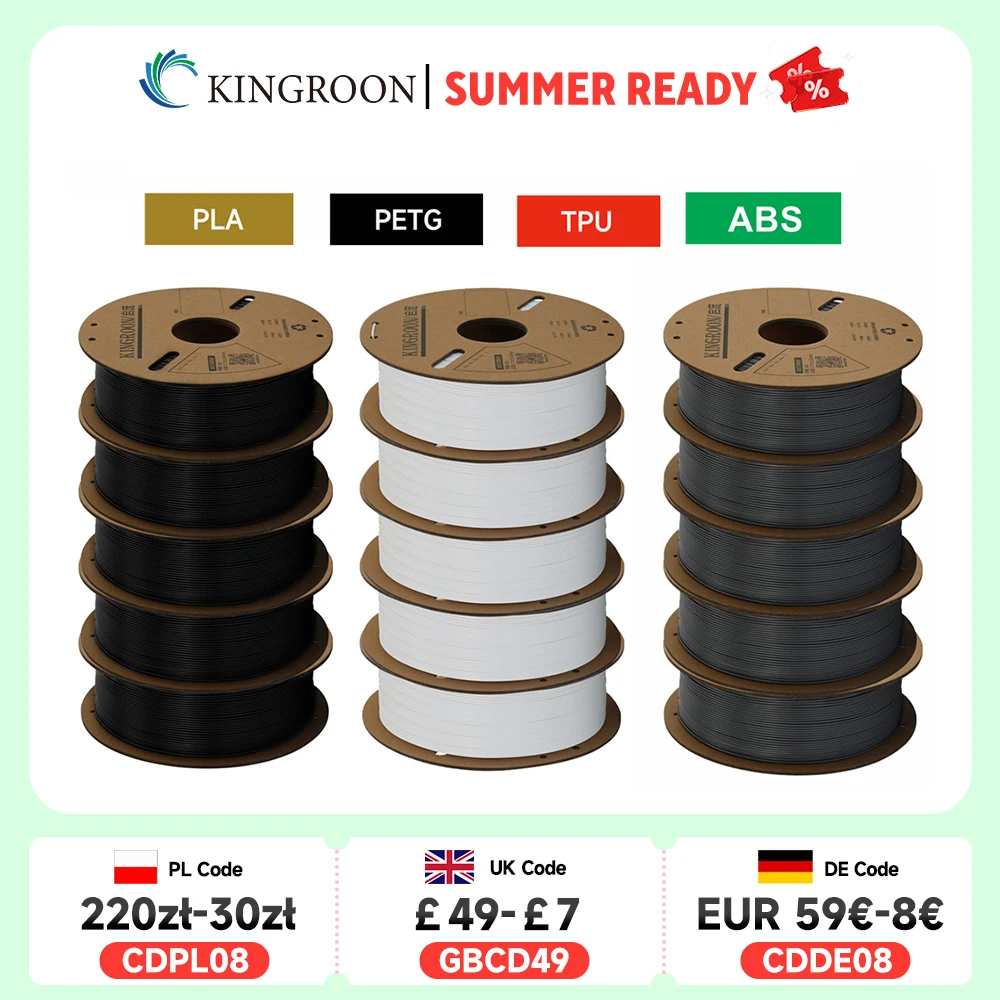 KINGROON 3D Printer Filament PLA PETG TPU ABS 5KG Bundle Black White Gray 1.75mm No bubbles Plastic 5 roll 1kg , Random Spool
