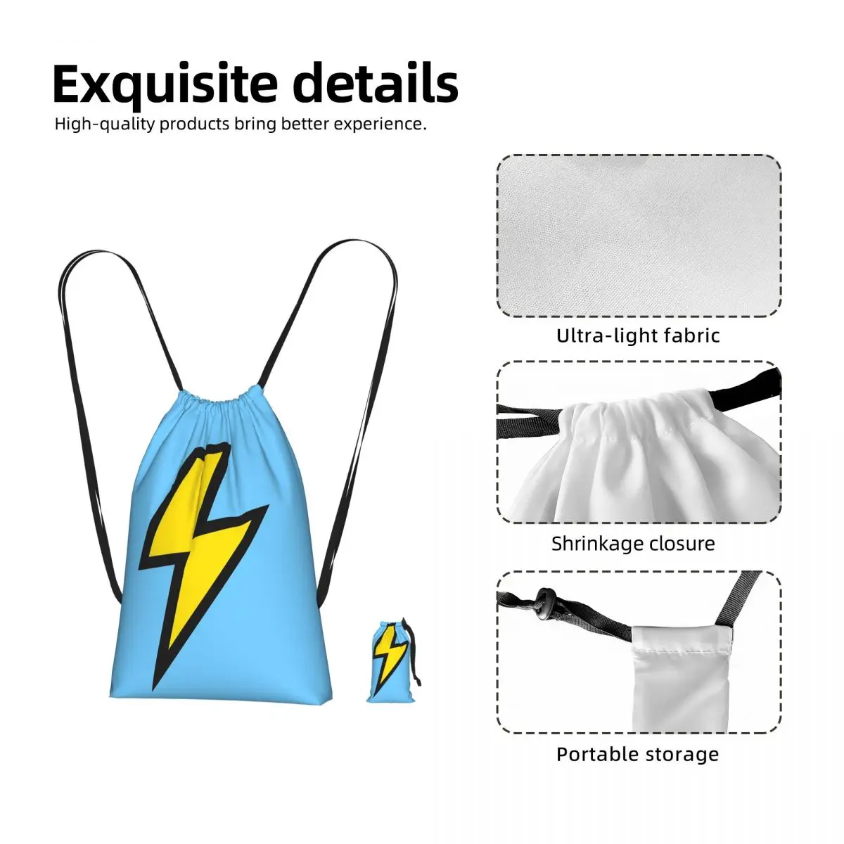 Yellow Lightning Bolts With Bright Blue Drawstring Backpack Sports Gym Bag Portable Travel Drawstring Bag for Men Women