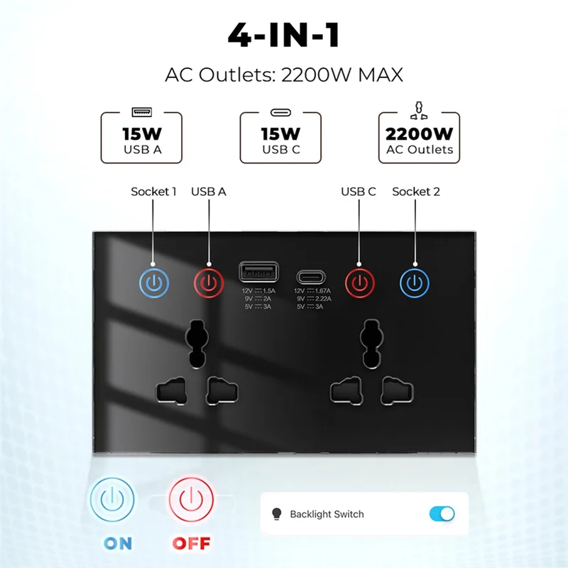 

ABKQ-Tuya Wif Умная розетка USB Type-C Настенная розетка 4-в-1 Универсальная электрическая вилка Монитор мощности Сенсорный переключатель