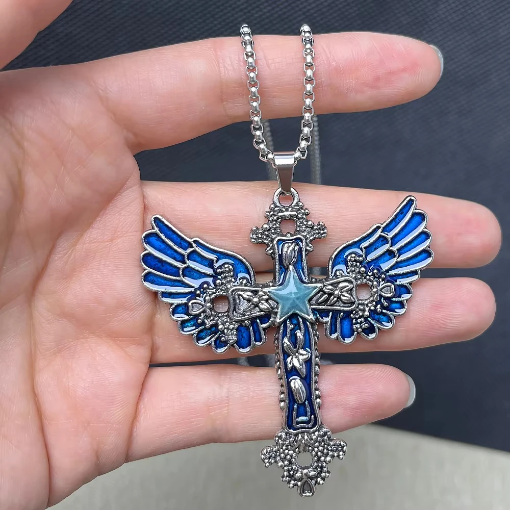 New Luminous Star Cross Wing Pendant Alloy Punk Y2K Gothic Necklace Glows at night Charm for Jewelry Makin