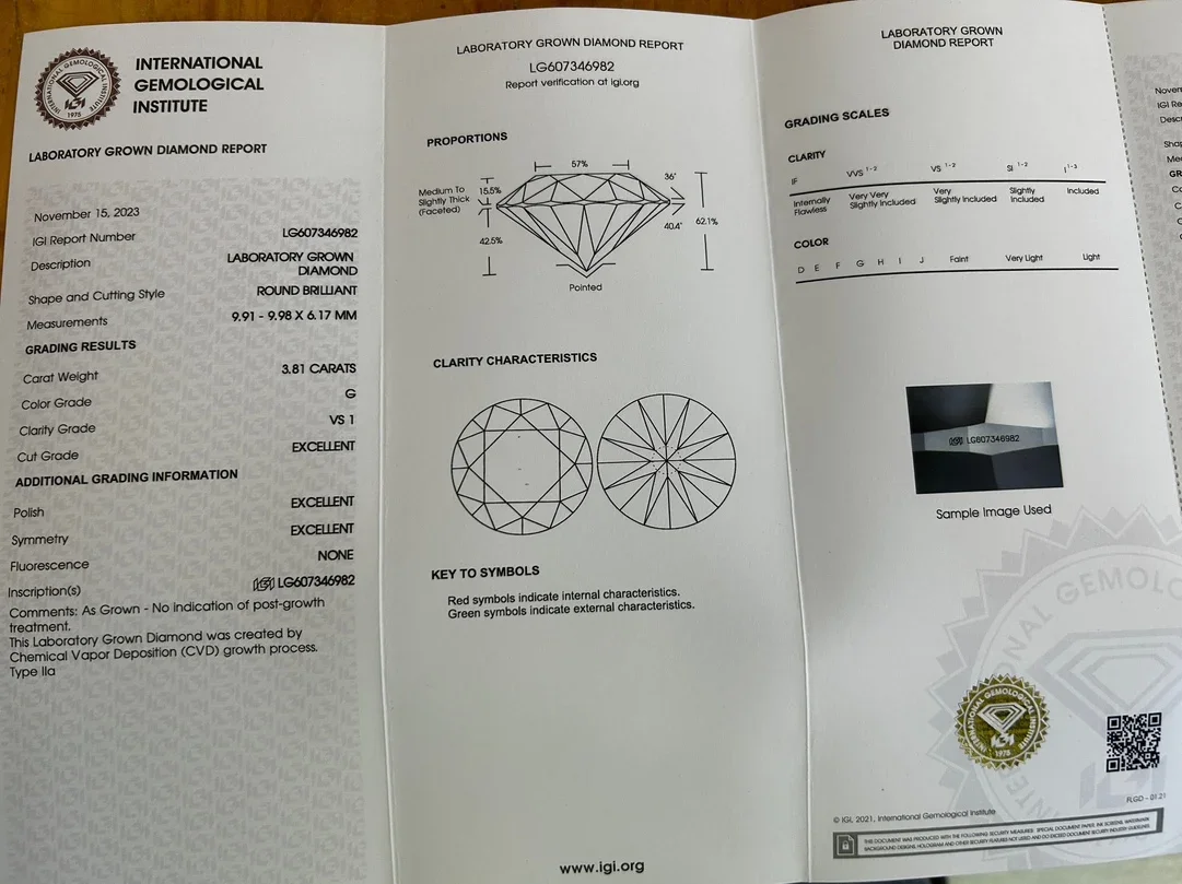 Ruif Round Cut 3.81ct  G VS1 3EX N Lab Grown Diamond CVD for Luxury Jewelry Making with IGI LG607346982 Certificate