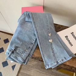 2023 Spring New Women Jeans High Waist Straight Split Soft Denim Pants Fashion Heart Appliques Long Trousers