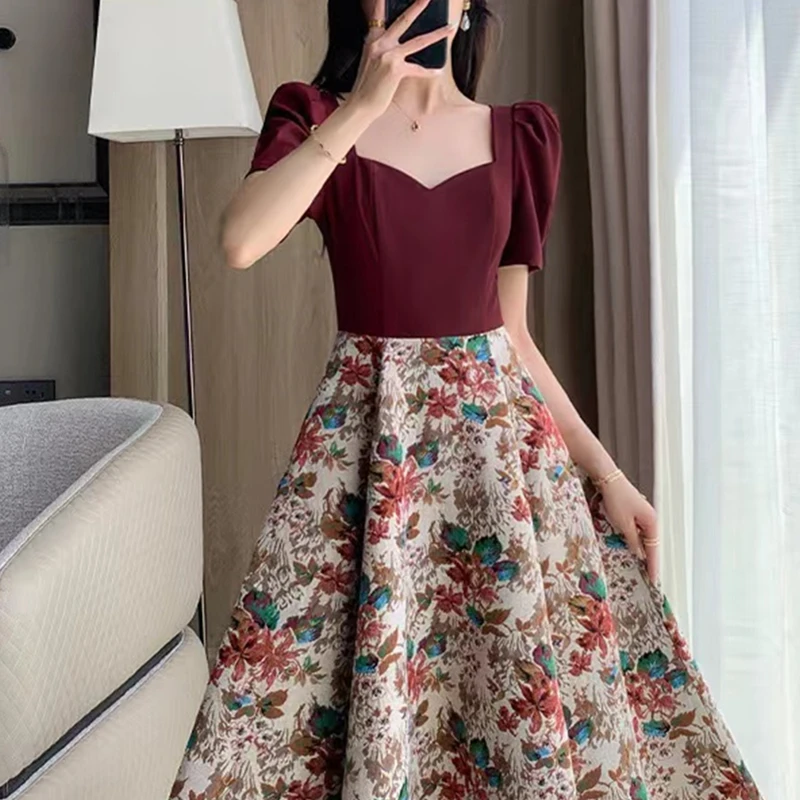 여름 스퀘어 칼라 빈티지 우아한 드레스 여성 허리 장착 패치 워크 꽃 투피스 환상 롱 드레스 Best5 여름 스퀘어 칼라 빈티지 우아한 드레스 여성 허리 장착 패치 워크 꽃 투피스 환상 롱 드레스 Best5