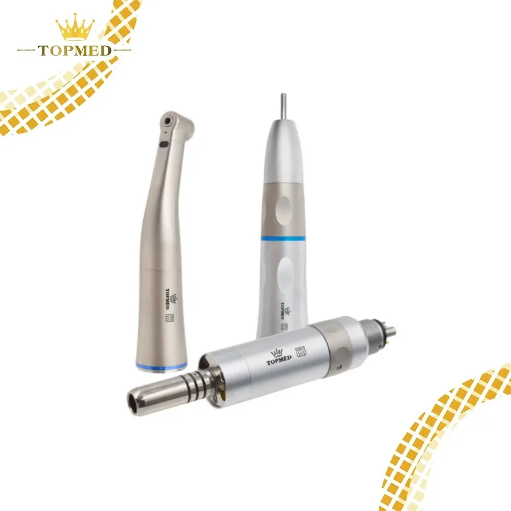 Low Speed Handpiece Kit Fiber Optic Contra Angle 1:1 Push Button Blue Ring Air Motor Inner Water Spray System With LED