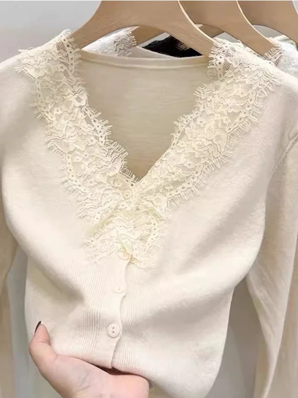 Retro Soft Tone Lace V-Neck Knitted Open Cardigan Autumn Spring Women's Unique Design Sweater Light Beige Splicing Knitwear