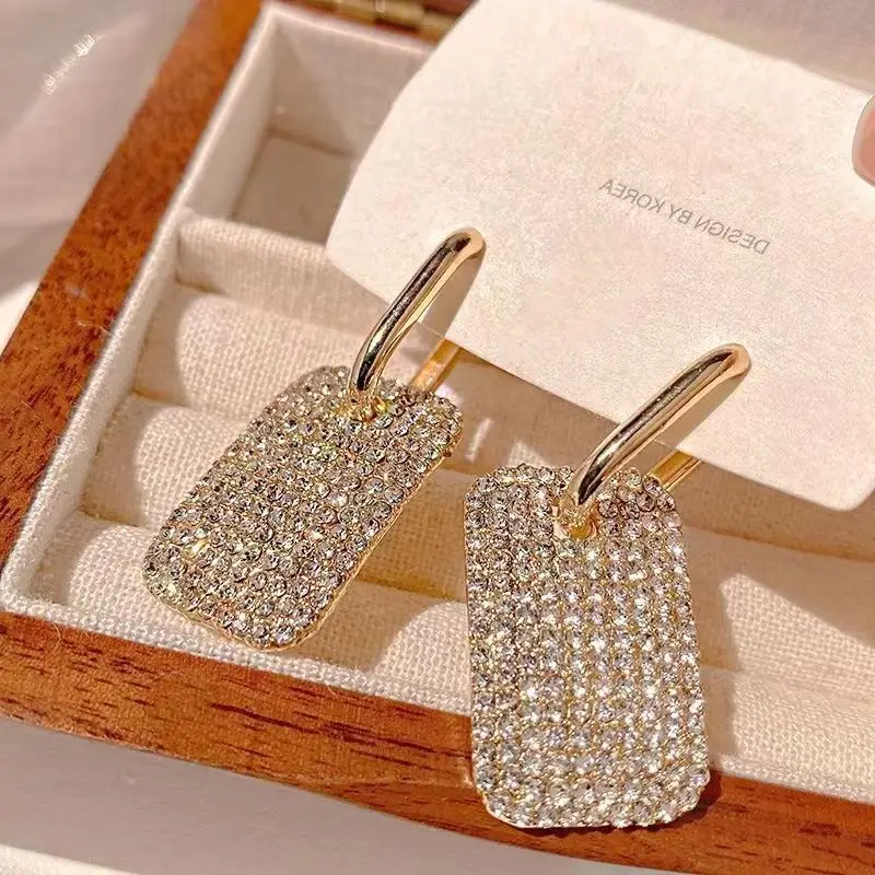 

Luxury Full Diamond Geometric Square Earrings Ear Buckle Female Fashion New Tide Temperament Exaggerated Atmosphere Earrings