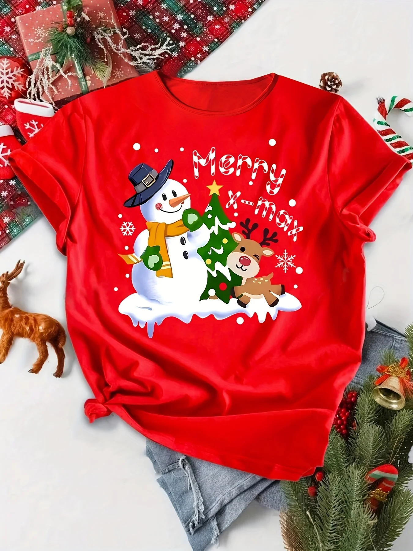 

Women's Festive Christmas Snowman Print T-Shirt Women's Harajuku Sleeve Casual Clothing Street Tops Tees Aesthetic Clothes