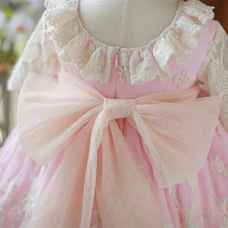 2025 زهرة فتاة فستان الدانتيل للأطفال 2 قطعة قبعة الأطفال الأميرة 1st عيد ميلاد الرضع فساتين فيستدو الكرة الأنيقة