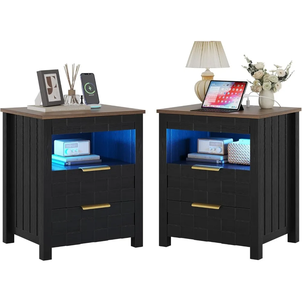 night stand set of 2 with charging station, bedside table with gun drawer and 2 drawers, smart side table with 3-color human sen