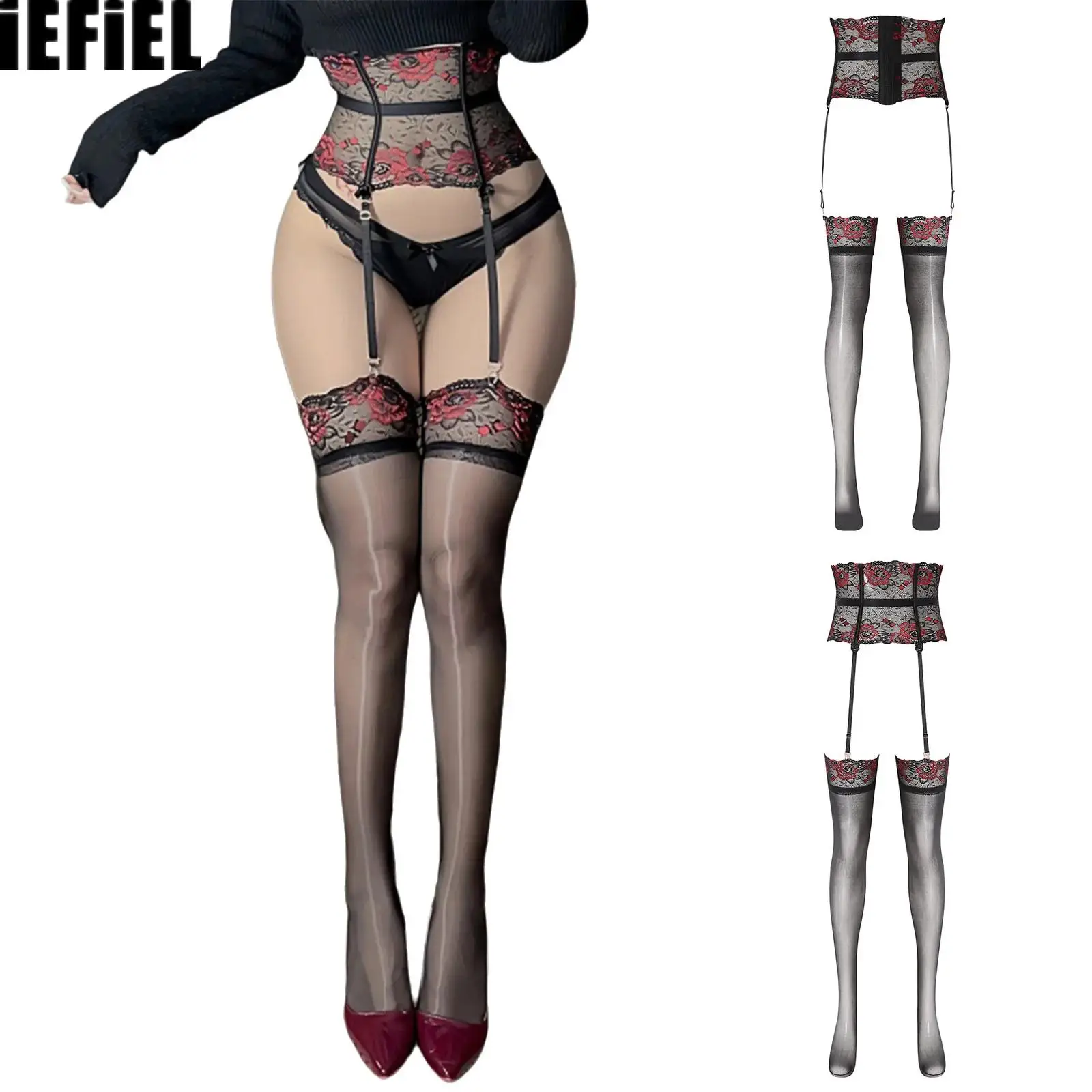 Women Floral Lace Stockings Fishbone Corset with Three Row Hook-and-eye Closure And Adjustable Garters Thigh High Stockings