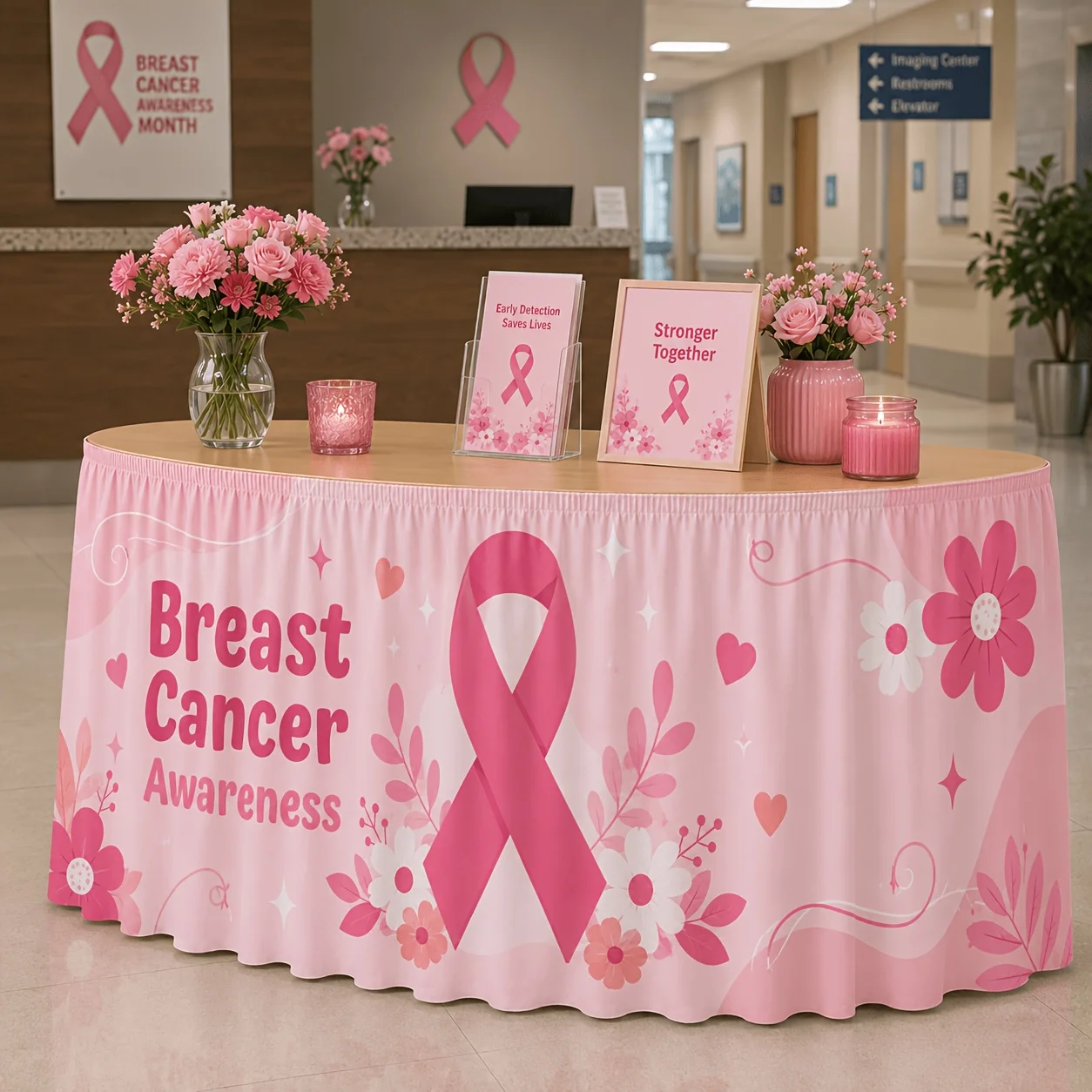 One tablecloth table skirt for breast cancer prevention and treatment. Pink ribbon design.
