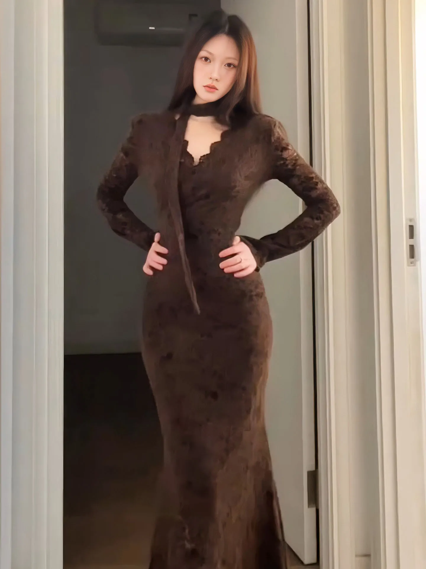 

Pure Color V-ne Lace Dr Women's Spring Slim Fit Fi Tail Skirt High Waist Long Sve French Sle Inner Wear Dr