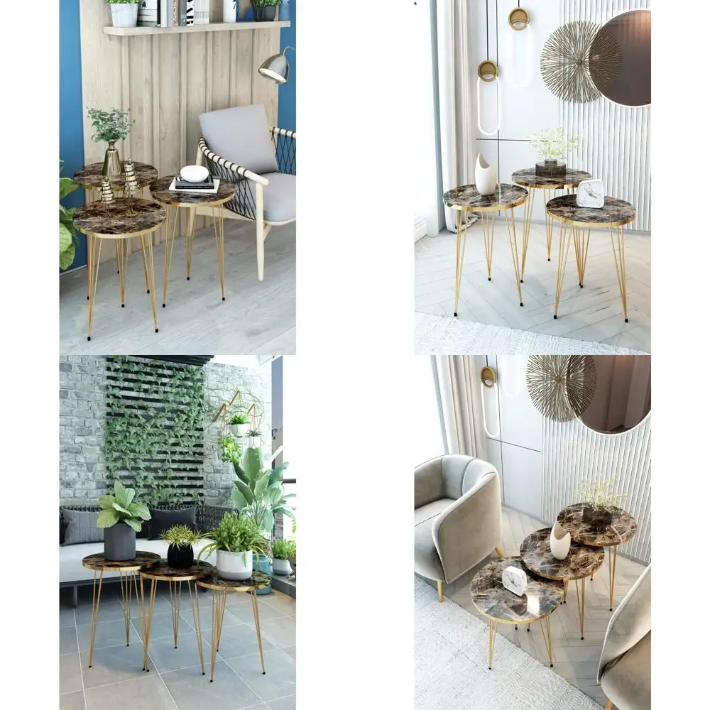 

Set of 3 Round Wooden Nesting End Tables with Stackable Design and Metal Legs for Living Room and Home Office Use