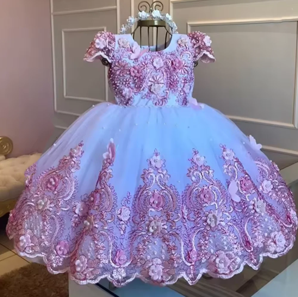 

Baby Girl Birthday Dress Lace Pearls Infant Tutu Dress Princess Flower Girl Dress Cap Sleeve Long Christmas Gown