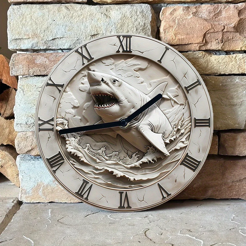 Shark-Themed Silent Wall Clock -Aluminum, Diy Decor for Boys' Bedroom & Independence Day Gift Wall Clock Modern Design