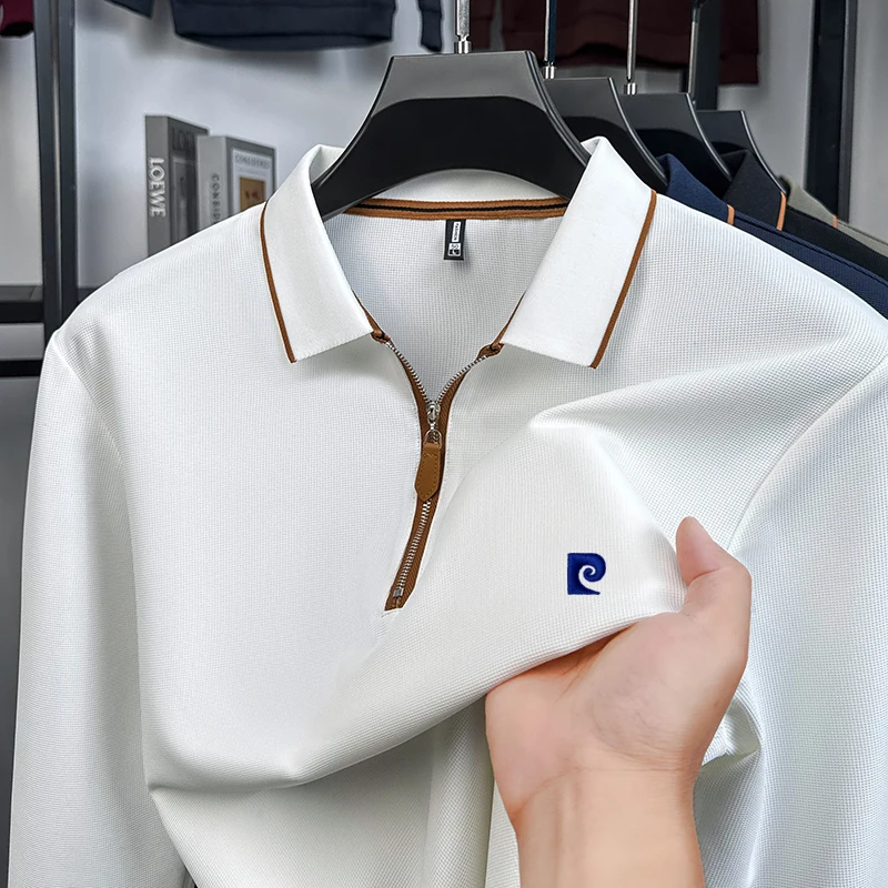 

Дизайнерская качественная мужская рубашка-поло с лацканами и длинным рукавом, осенняя новая полумолния с вышивкой, модная деловая универсальная мужская одежда