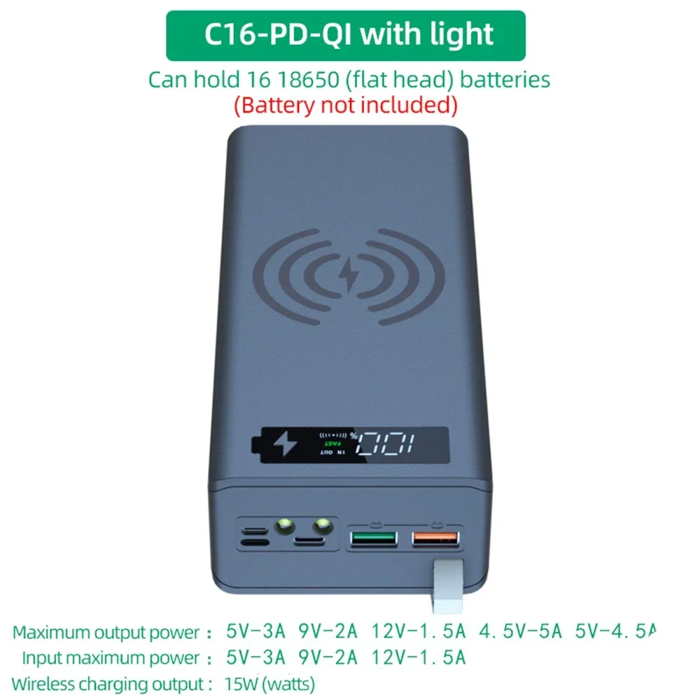 16*18650 قوة البنك حالة C16 USB لحام الحرة قوة البنك حالة انفصال المحمولة QC 3.0 PD لتقوم بها بنفسك قذيفة الإسكان ل Powerbank