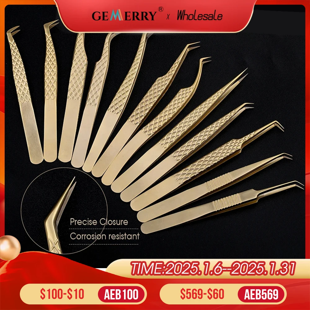 1 Pcs Eyelash Extension Tweezers With Fiber Tips Golden Stainless Steel High Precision Tweezer for Volume Fans Makeup Tools