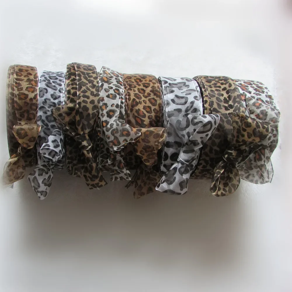 10 yards leopard print Satin Edge Sheer Organza DIY bowknot crafts 25mm-40mm