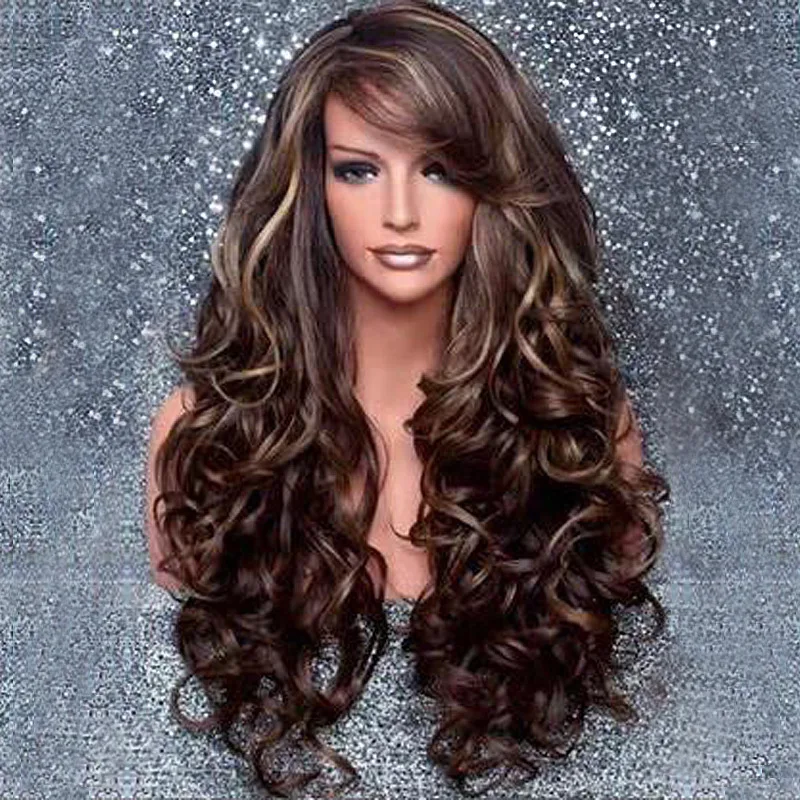 

European and American ladies with brown side-swept bangs and long curly hair Synthetic Full Wig