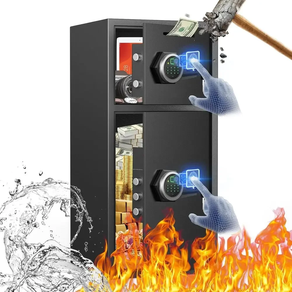 Large Waterproof Security Box with LED Light, Fingerprint Lock, Personal Safe for Documents and Valuables
