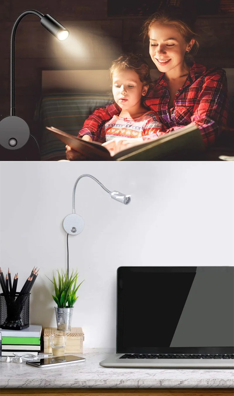 Dimmable 3CCT 5V USB Hotel Bedside Reading Wall Lamp Sconces 3W Working Study LED Book Night light Fixtures Gooseneck Adjustable