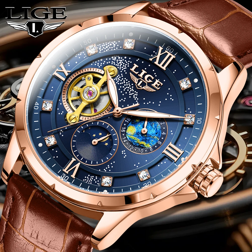 LIGE Men's Watch Fashion Starry Business Date Moon Phase Mechanical Men Watches Luxury Hollow Original Waterproof Watch For Men