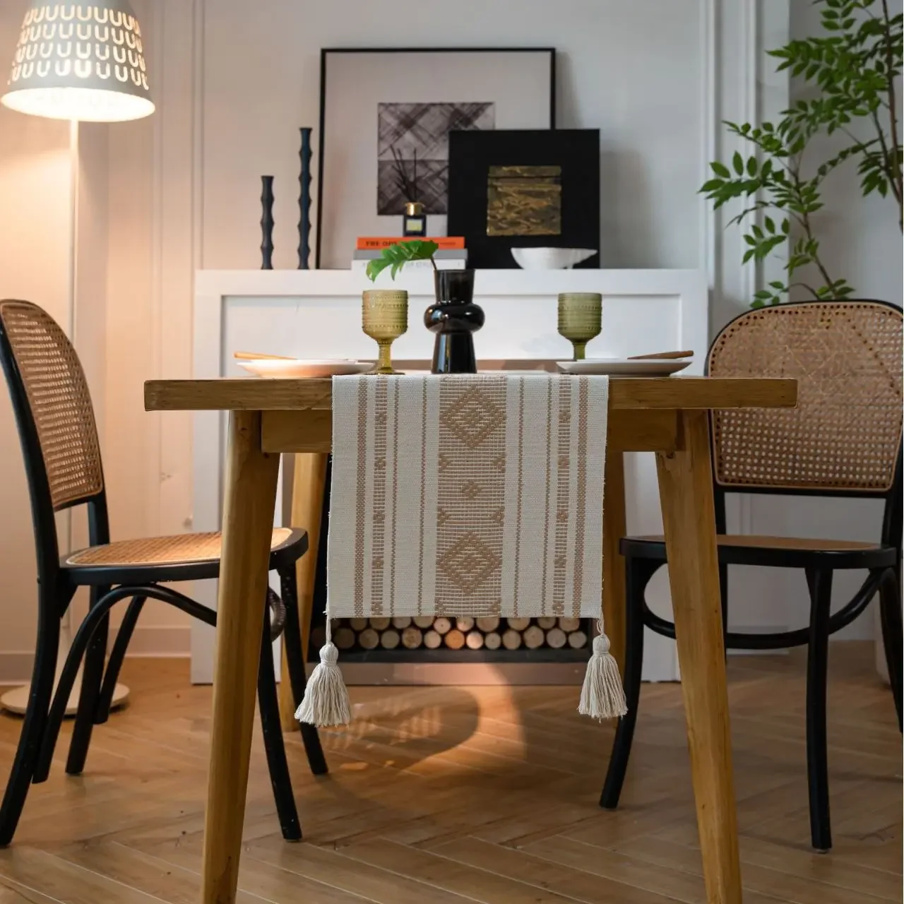 

Japanese Jacquard Table Runner with Tassel, Cotton Thread, Geometric Dining Table Decoration, Table Runners for Home Party